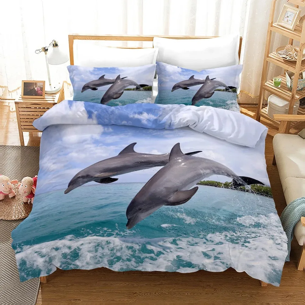 

3D Dolphins Duvet Cover Sets Sea Animal Bedding Set Microfiber Blue Ocean Grey Dolphins Jumping Comforter Cover QueenKing Size