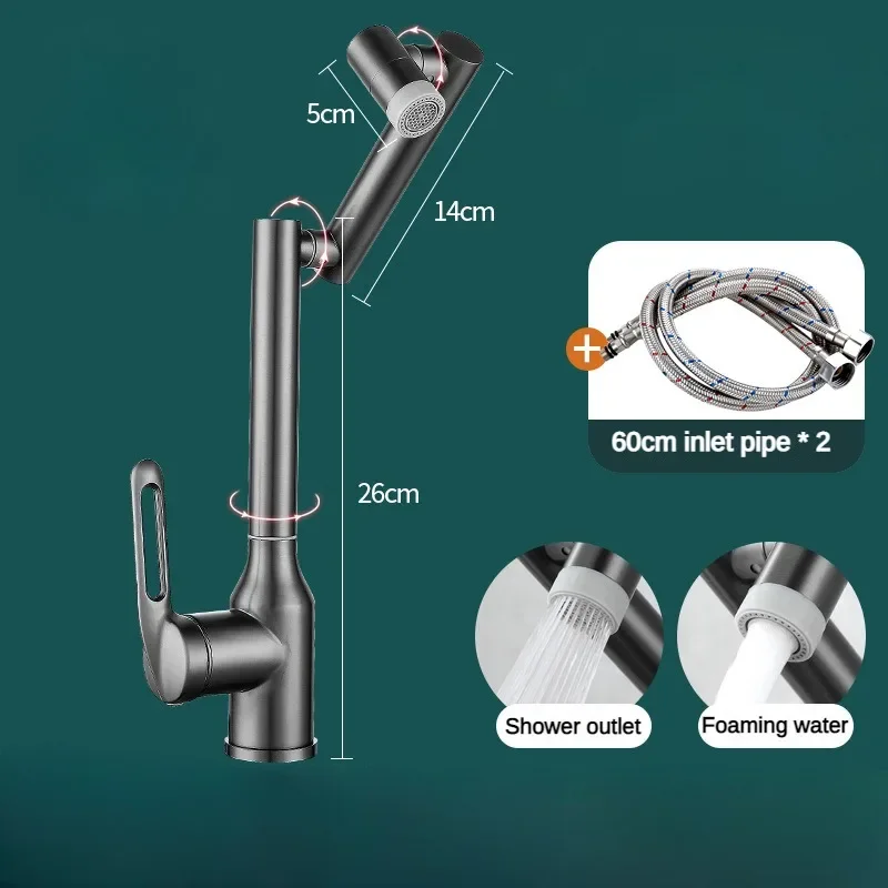 Gris 2 funciones modo de pulverización de corriente grifo de cocina frío caliente manija única rotación de 360 grados grifo mezclador de lavabo plegable