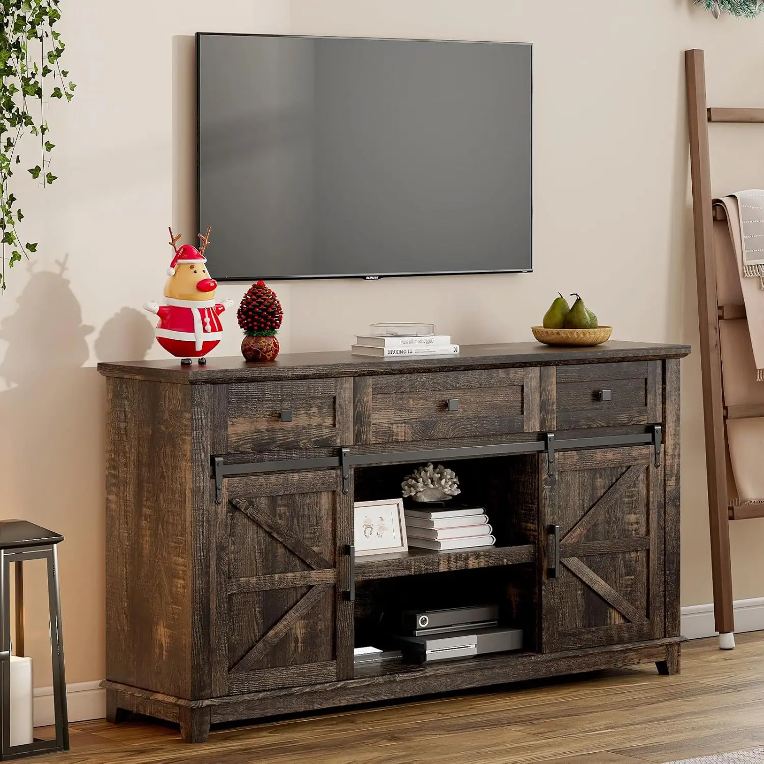 

Farmhouse TV Stand with Sliding Barn Door & Drawer, 59" Rustic Entertainment Center for TVs up to 65", Buffet Storage Cabinet