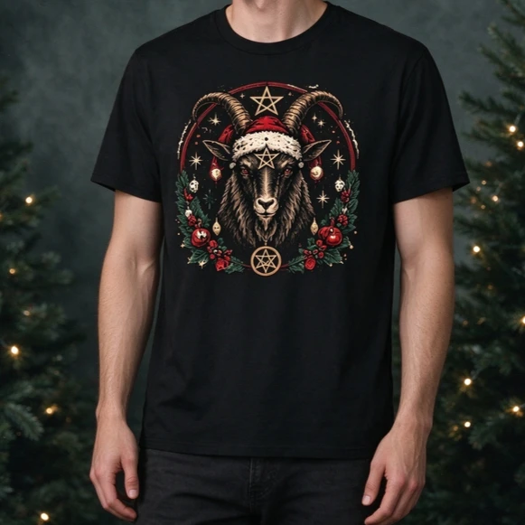 Occult Yule Baphomet Goat Santa T Shirt Gothic Pentagram Graphic Tee Men Dark Christmas Short Sleeve Cotton Harajuku Y2k Top