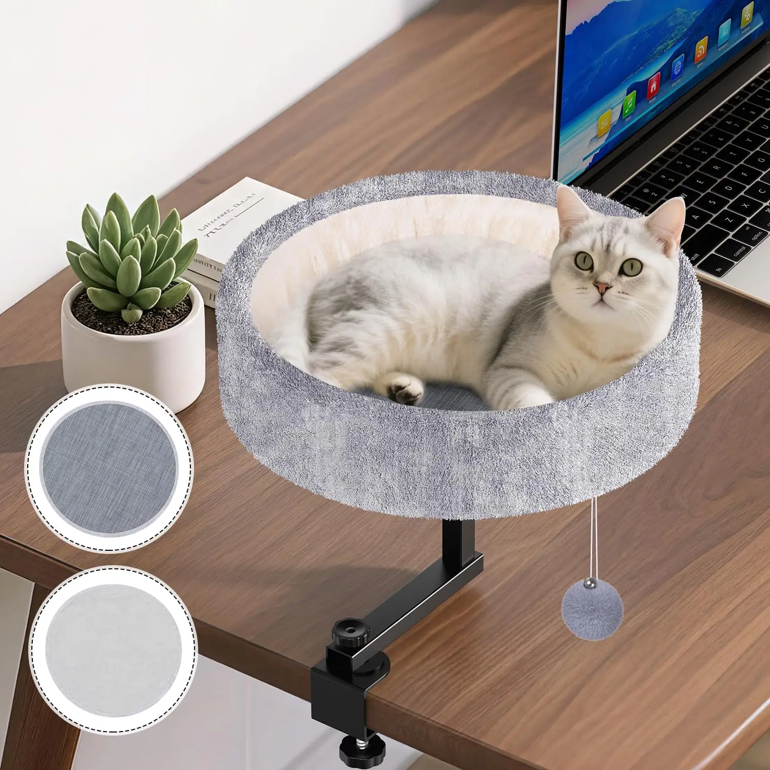 

360° Rotating Cat Desk Bed with Adjustable Height, Supports 44 lbs, Soft Faux Fur Mat for Office Desks and Tables