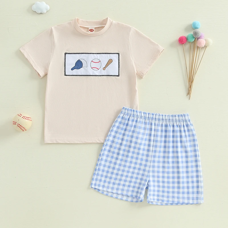 Children s Summer Ensemble Embroidered Short Sleeve Baseball Tee with Plaid Shorts Set for a Stylish Look