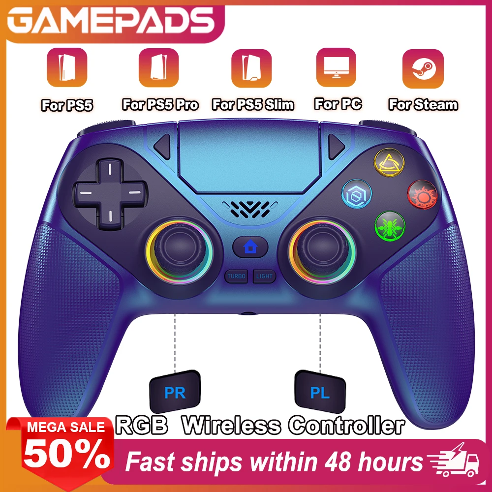 Image of RGB-Gamepad für Playstation 5/PS5 Pro/Slim/PC, kabelloser PS5-Controller mit Dual-Vibration, Makro-/Turbo-Funktion, 3D-Spiel-Joystick