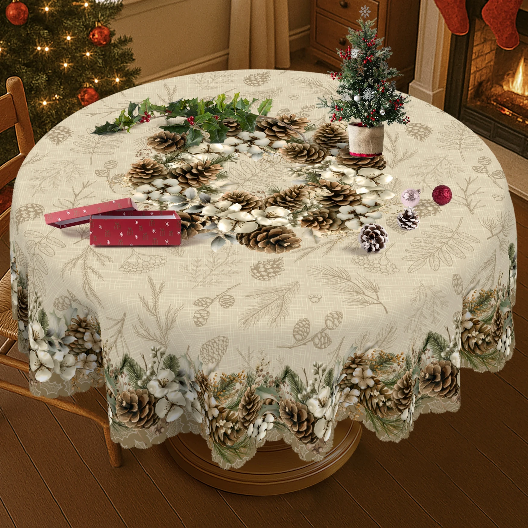 1 piece, forest pine branches and pine cones tablecloth, natural pine needles and pine cones design - winter Nordic style