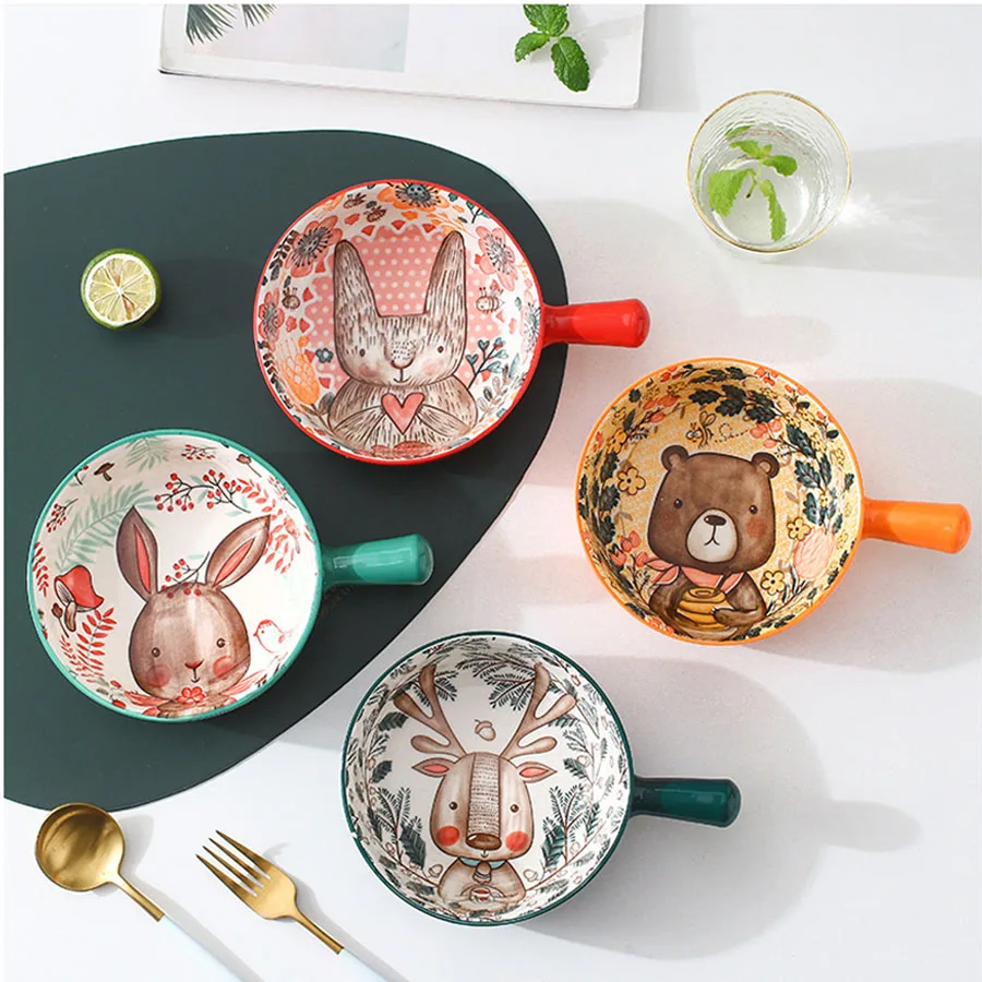 YWDL 500ml Round Ceramic Bakeware With Handle Forest Animals Baking Pan Underglaze Kitchen Tableware Salad Bowl Au Gratin Pasta