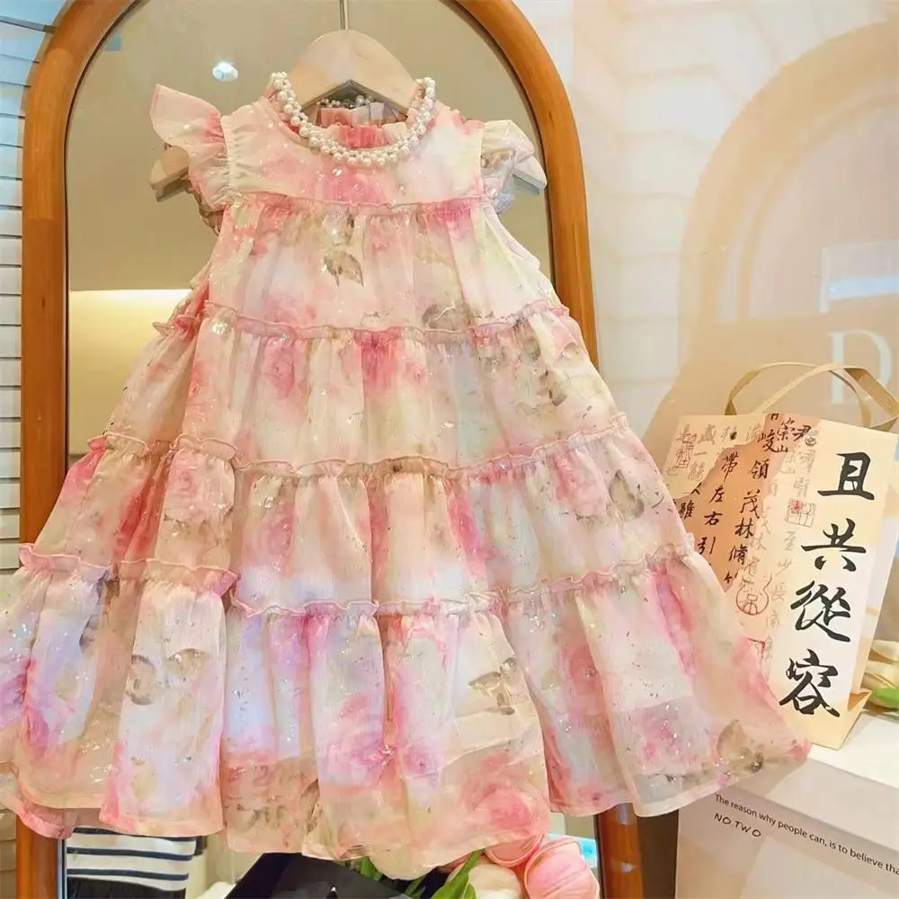 Summer New Baby Girl Dress Sweet Floral Girl's Gauze Flowered Dress Children'S Sleeveless Clothes (3-8 Years Old)