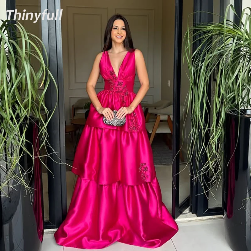 

Thinyfull A-line Satin Prom Dress V-neck Sleeveless Beading Evening Dresses Formal Prom Gown Robe De Soirée Customized