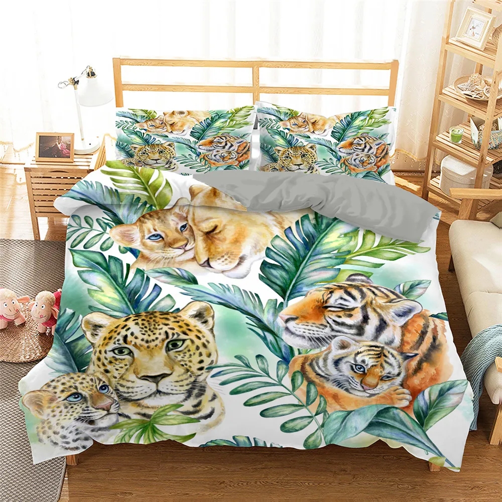 

Jungle Animal Bedding Set Tiger Leopards King Queen Duvet Cover Watercolor Tropical Plants Comforter Cover Polyester Quilt Cover