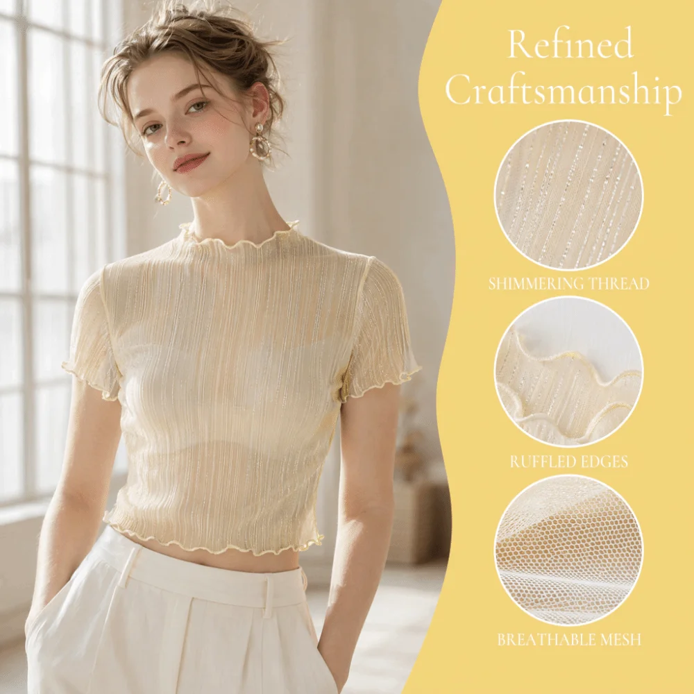 Elegant Nylon Silver Thread Lace Top Lace Short Sleeve Short Sleeve Mesh Tee Semi-sheer Mesh Fabric Elegant Sheer Blouse Women