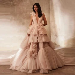 Deep V-neck Dusty Pink Tulle Dress Applique Flowers Layered Evening Dress With Train Ruffled Layered Wedding Dresses For Bridale