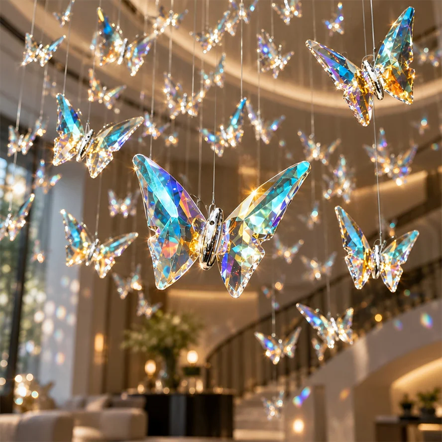 DIY K9 Colored Transparency Crystal Butterfly Bright Pendant Hotel Lobby Attic Living Room Interior Dining Room Decoration Parts