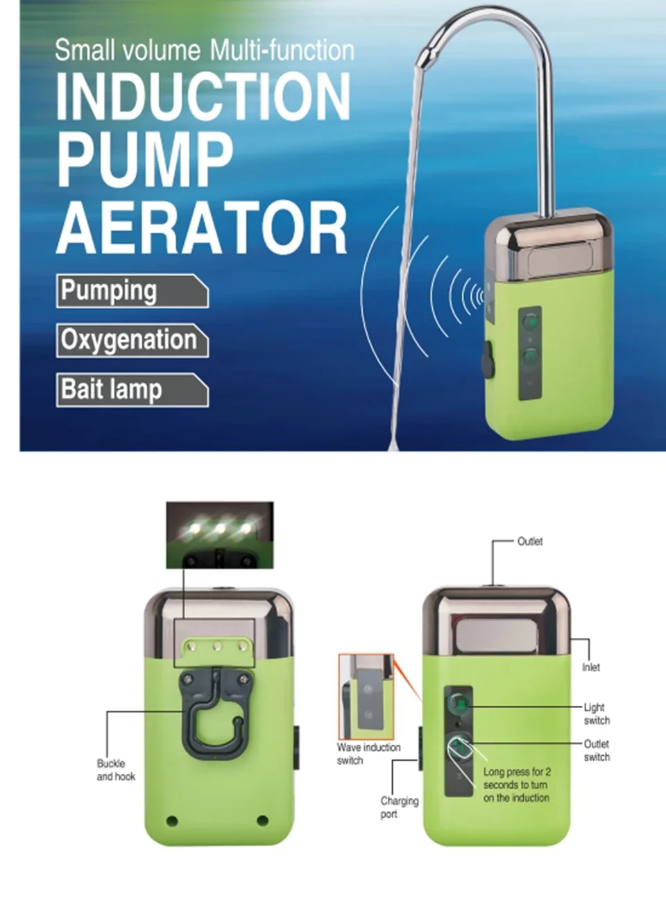 Portable mini oxygen pump, with pneumatic stone tube, three in one induction, USB charging, automatic water pump, LED lighting, image 4