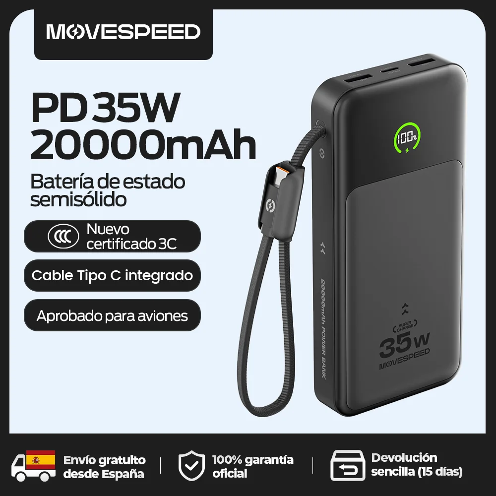 【CCC】MOVESPEED P20 Power Bank 20000mAh Cargador externo 35W PD Carga rápida Powerbank Batería LFP para iPhone Xiaomi Samsung
