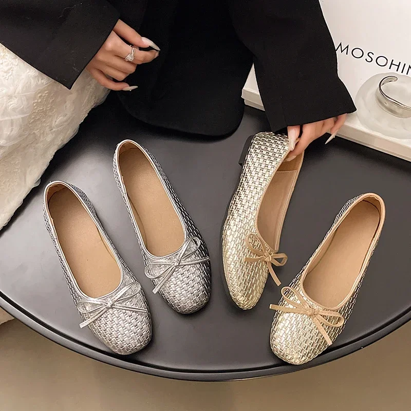 

Женские однотонные корейские тканые туфли-лодочки с плоской подошвой, весенне-осенние модные балетки с низким вырезом и украшением в виде банта во французском стиле ретро.