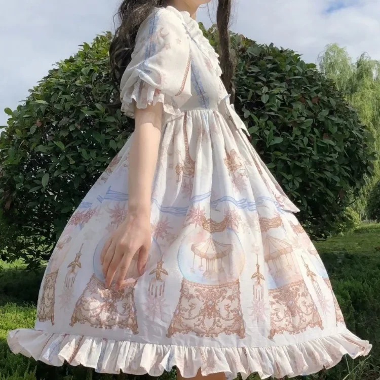 Oversize Lolita sukienka z nadrukiem dla kobiet Harajuku Kawaii wysoki stan sukienki z kokardą Y2k Grunge długi rękaw Op Vestidos Mujer