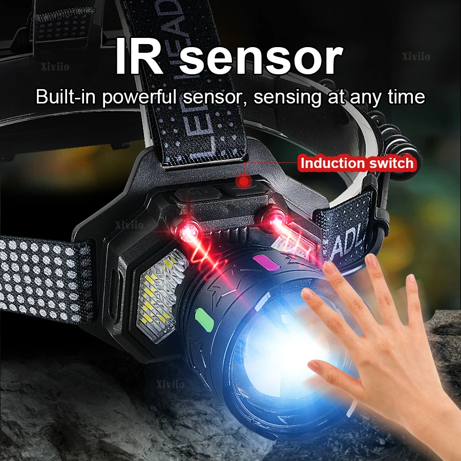 Potente linterna frontal LED con Sensor de movimiento, linterna frontal de pesca recargable por USB con luz trasera, 200000000LM