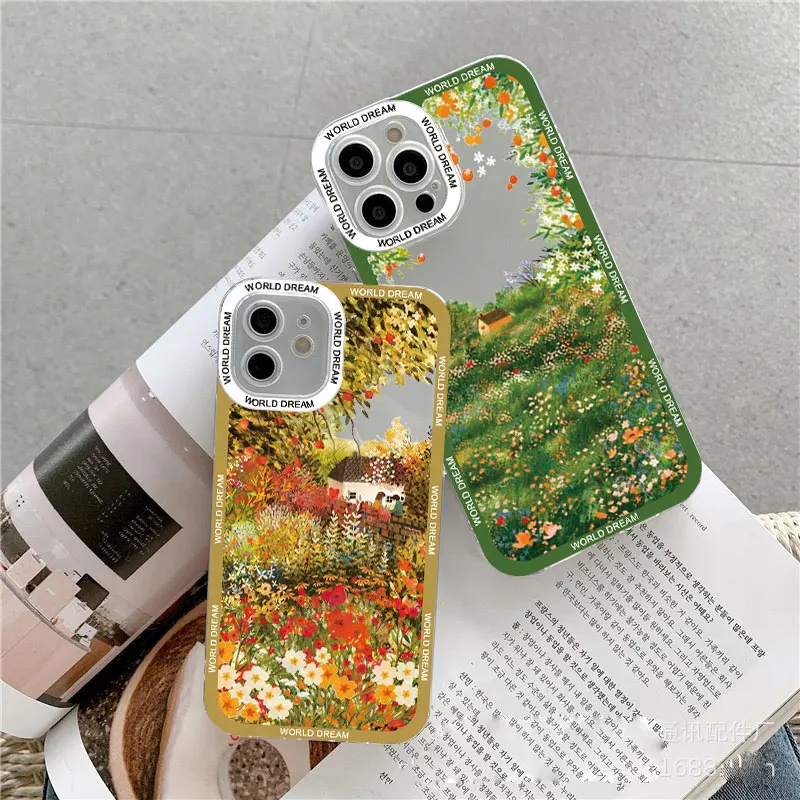 Retro Rural Scenery Painted Clear Phone Case For iphone 15 11 14 12 13 Pro Max X XR 7 8 Plus Large Flower Fields Log Cabin Cover