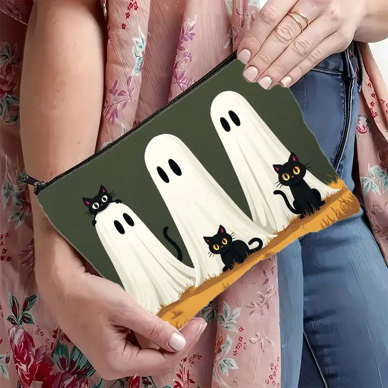 Halloween Makeup Bag with Cute Ghosts & Black Cats - Gothic Cosmetic Organizer Zipper Closure,Lightweight Foldable Toiletry Case