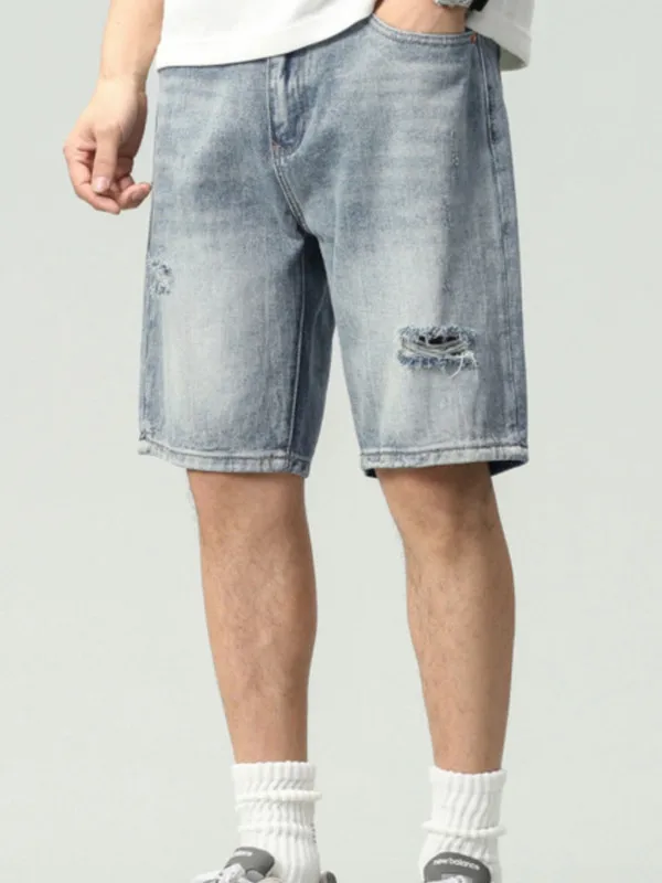 

American Retro Hole Denim orts Men's Summer Trendy Straight Loose Men Wide Leg Workwear Five-Quarter Mid-Pants