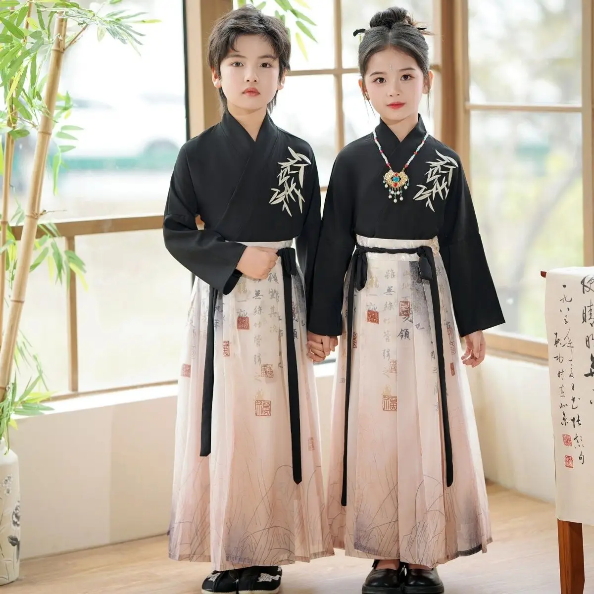 ‌-ensemble-jupe-mamian-pour-enfants-robe-chinoise-calligraphie-a-l'encre-hanfu-printemps-2026-costume-traditionnel-unisexe