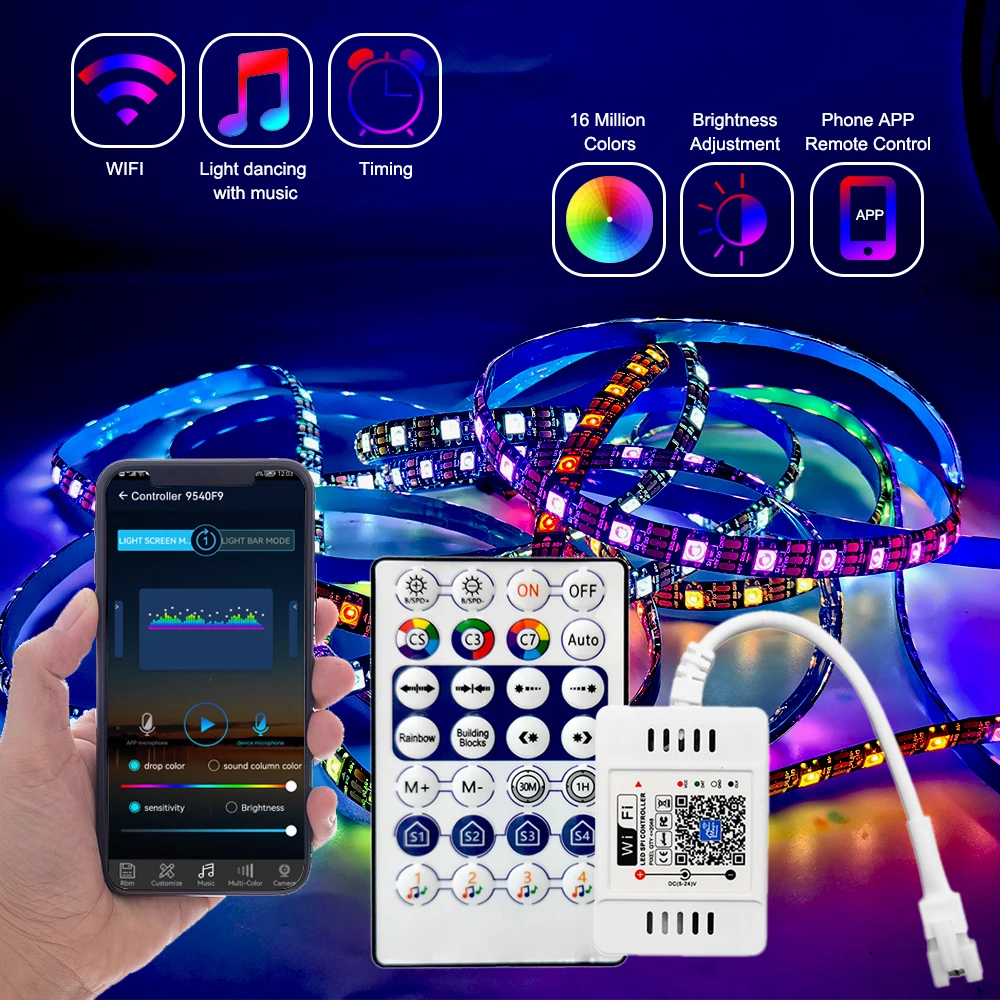 DC12V WS2811 Led Strip Light 5050 RGB Individually Addressable with 28Keys RF WiFi Pixels Music Controller Alexa Google Home