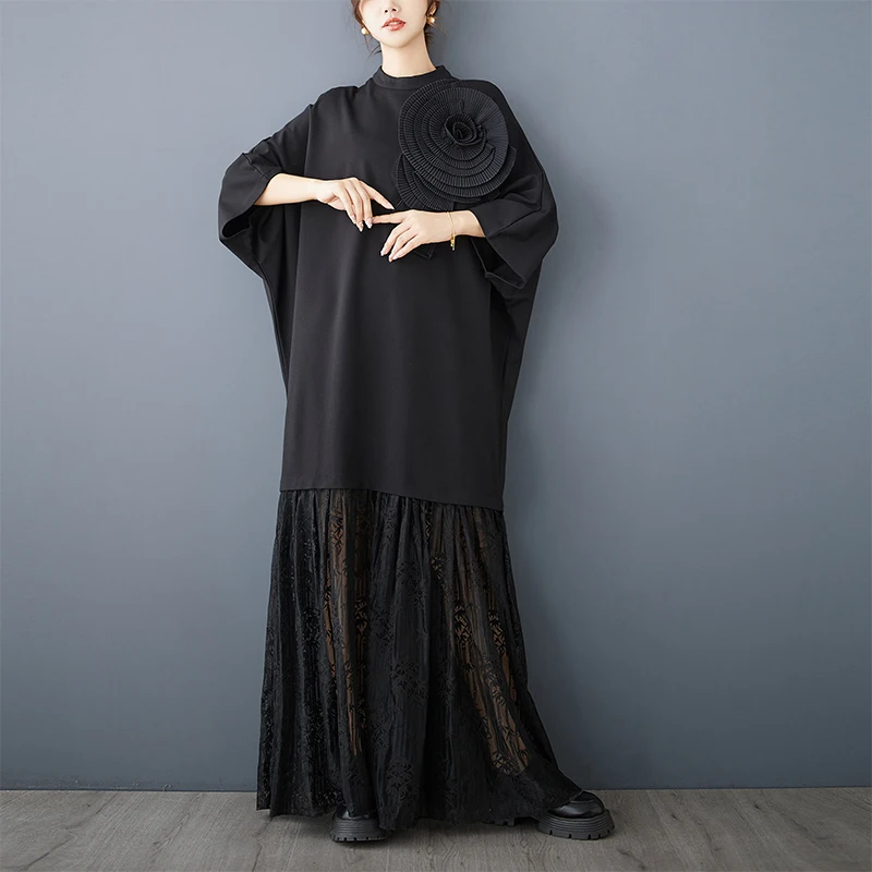 Printemps automne dentelle ample épissage minceur Design sens t-shirt motif de fleur dimensionnel Dr fibre de Polyester a-ligne Midi Dr