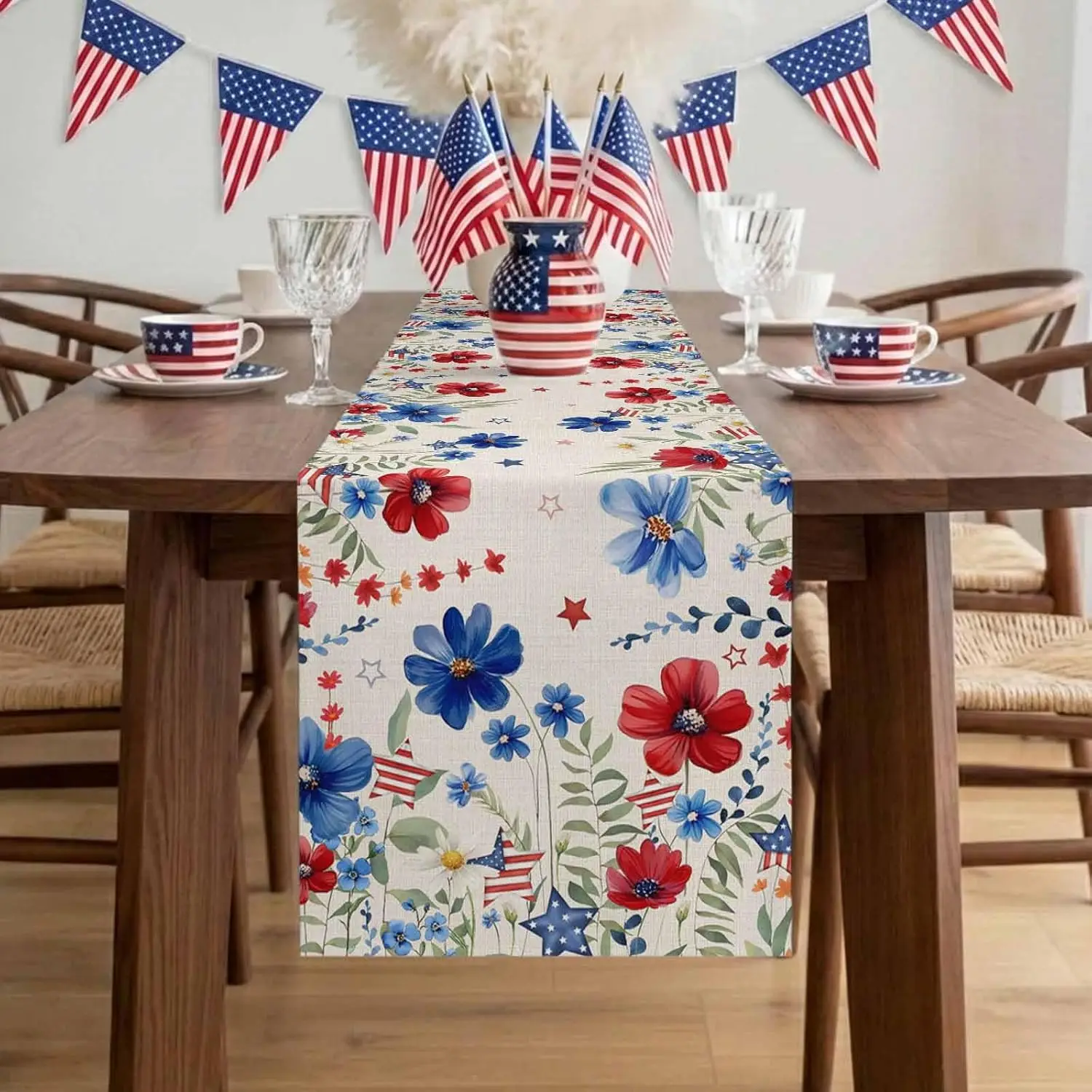 Independence Day American Flag Flower Linen Table Runner Home Table Decor Reusable Kitchen Dining Table Runner Party Decor