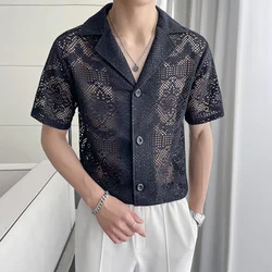 Mens Sexy Hollow See-Through Lace Casual Shirt Genderless Fashion Versatile Personalized Breathable Short-Sleeved Top Unisex