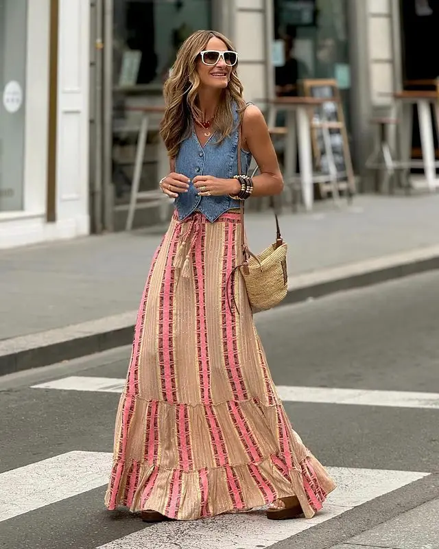 Women Fashion Floral Print Folds Bohemian Elastic High Waist Skirt Ladies Lace Up Long Skirts For Women Spring Autumn Bottoms