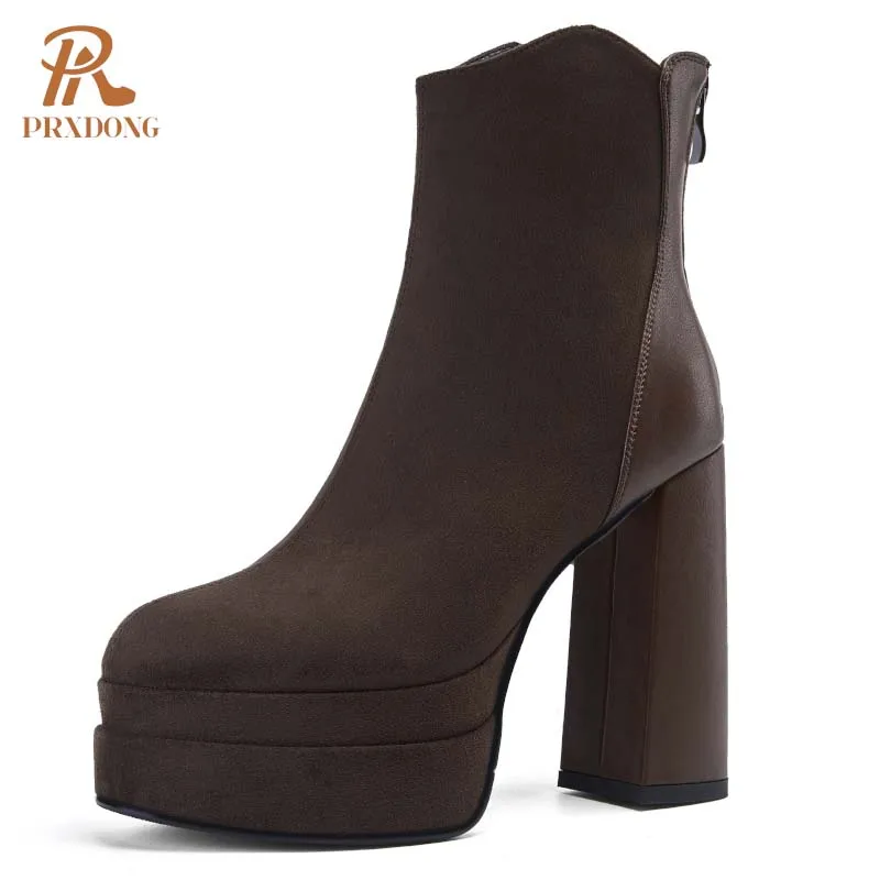 PRXDONG Genuine Leather High Heels Thick Platform Shoes Woman ANkle Boots Black Brown Zipper Dress Party Female Shoes Size 34-39