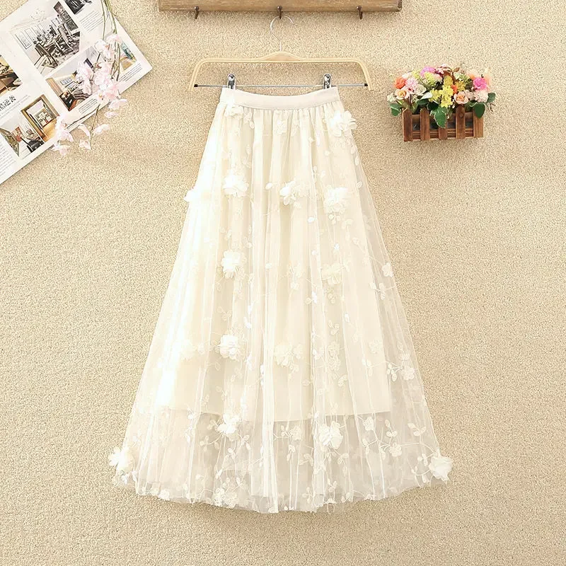 

Lady Commute All-match Elastic High Waist Aesthetic Ankle Skirts Elegant Fashion Appliques Embroidery Mesh Pleated Skirt Office