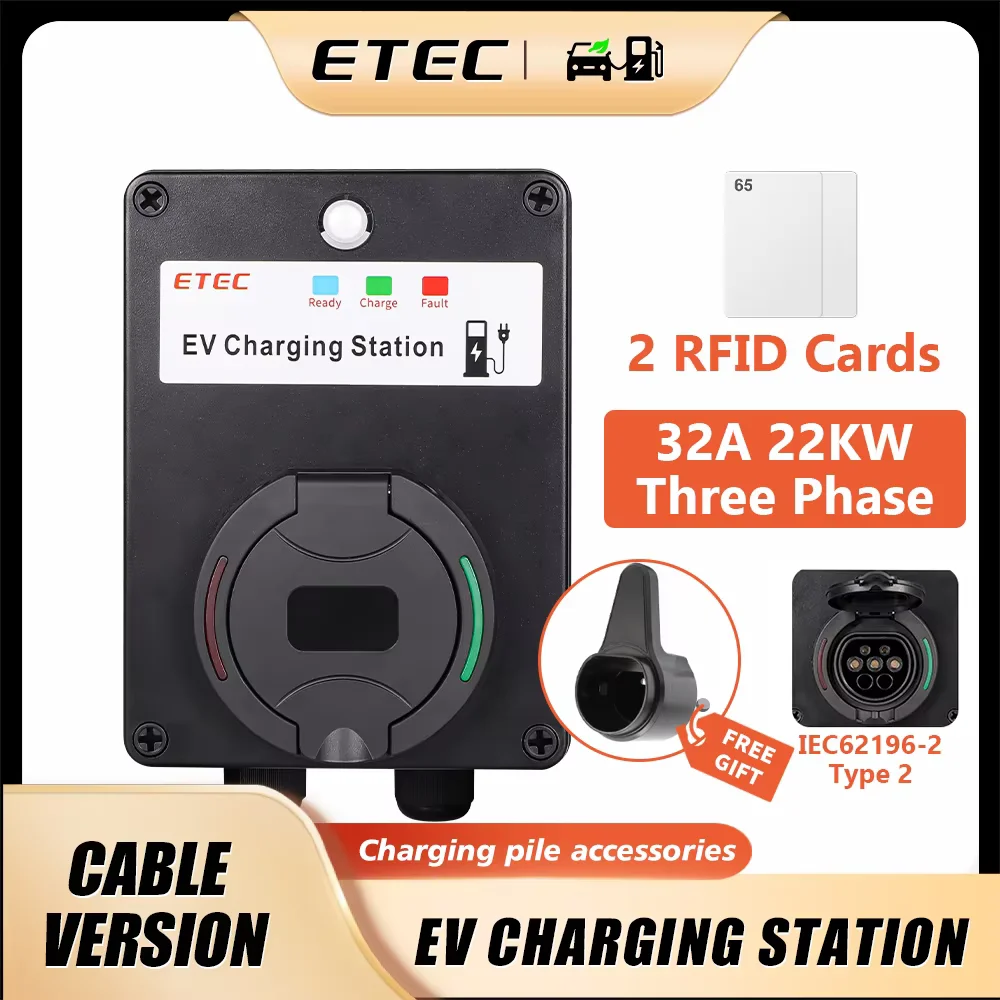 ETEC EVSE Wallbox EV Charger Wall Type2 32A 22kw/7kw Single/Three Phase Mount Charging Station Socket RCMU RFID EKEC4