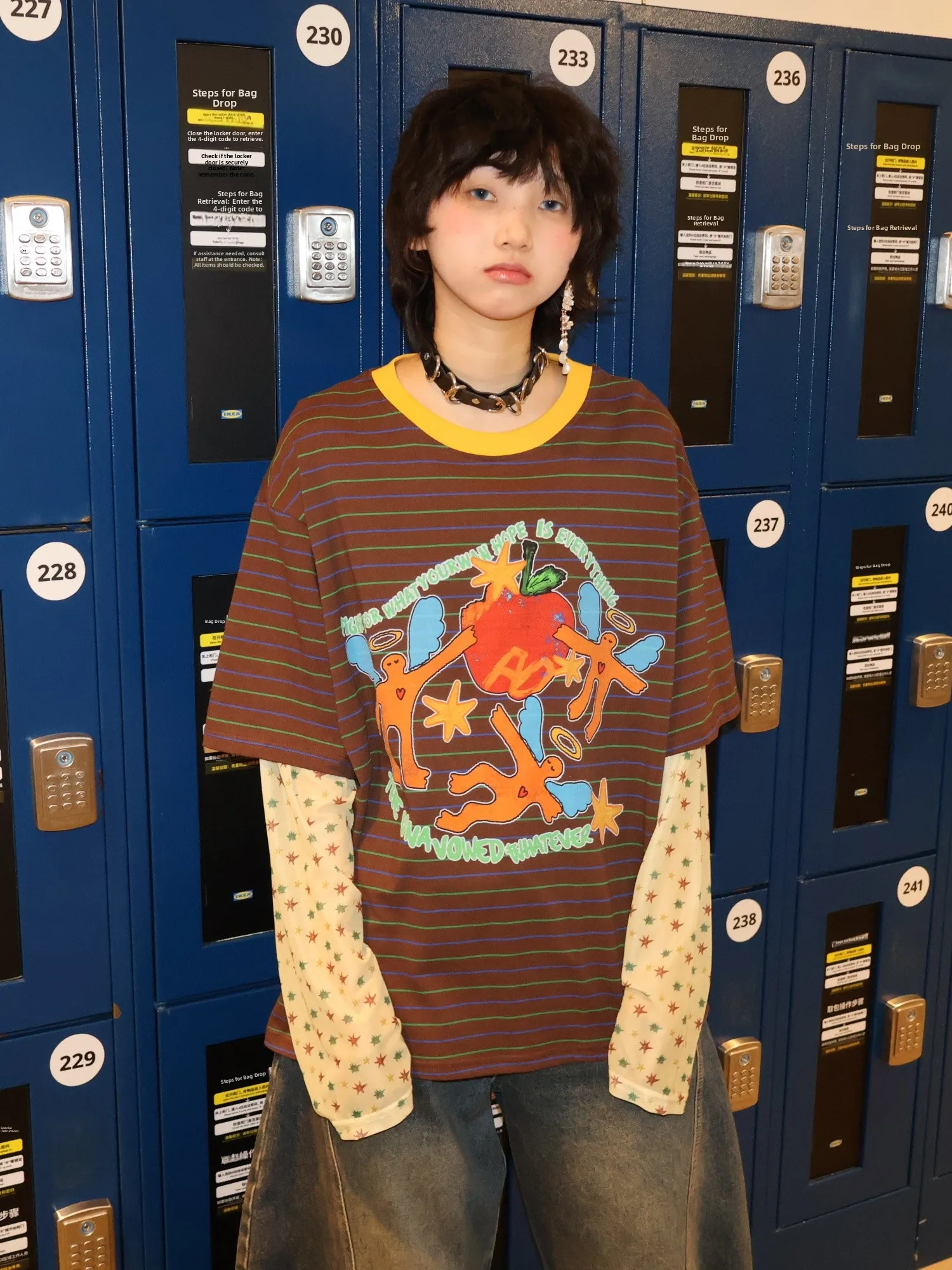 

Loose Fit Long Sve T-irt Women's Cartoon Striped Print Comfortable Breathable Cotton Casual round Ne Top for Students ...