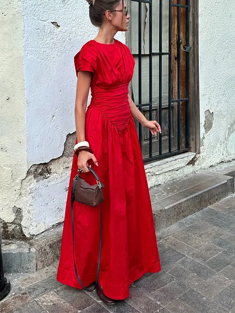 Fashion Solid Pleated Patchwork Long Dress Women High Waist O-neck Short Sleeved Dresses 2024 New Lady Vacation Party Robes