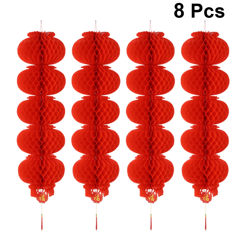 

8pcs Red Lanterns Decorative Hanging Outdoor Indoor Festival Year Table Honeycomb Plastic Spring Wedding Birthday