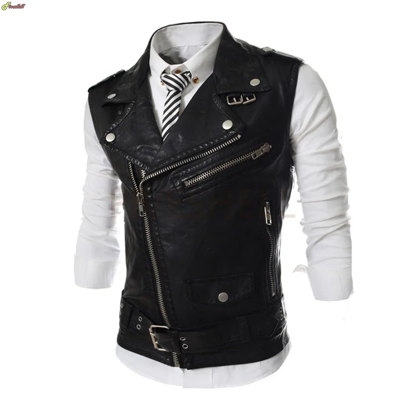 

Adult Men's Fashion Steampunk Vest Jackets Metal Buckle Slim Zipper PU Vest Casual Sleeveless Leather Motorcycle Jacket Coat