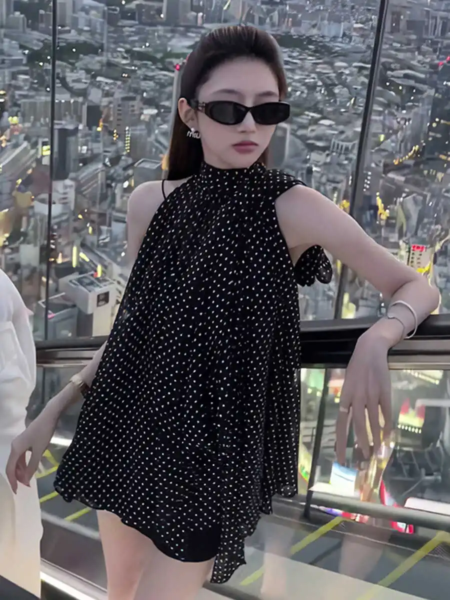 

Trendy Summer Vaion Sle Polka Dot Print Chiffon irt Top with Nelace Strap Inner Tank Women's Slim Fit Svel V Ne
