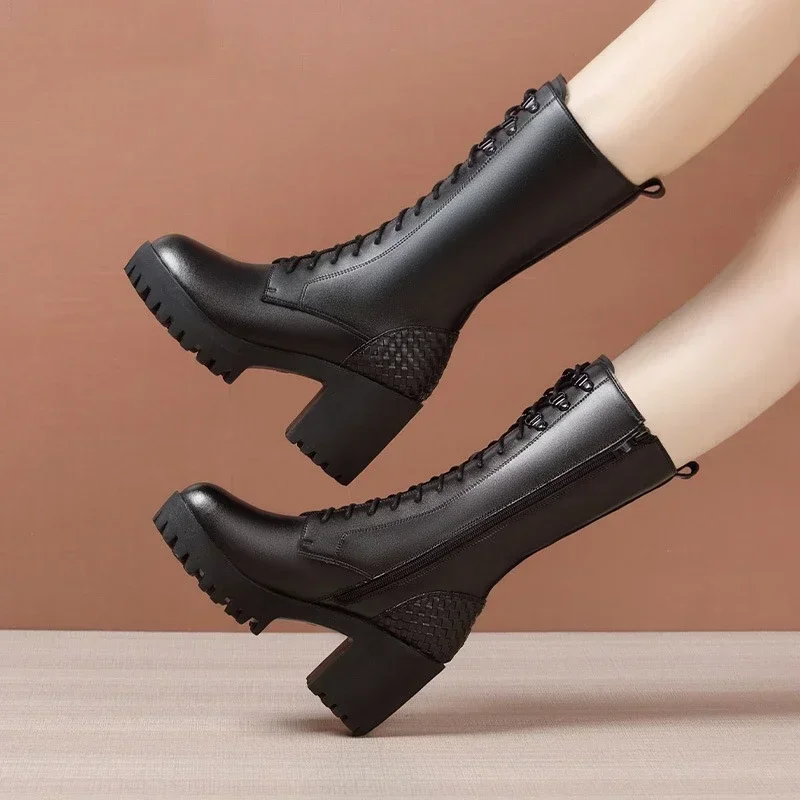 8cm 10cm Small Size 32-43 Genuine Leather Boots Womens Platform Shoes with Fur 2024 Block High Heels Mid Calf Boots Office Model