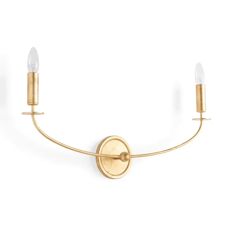 Vintage Gold Leaf 2-Light Wall Sconce | Curved Arm Brass Candle Style LED Wall Lamp for Bedroom