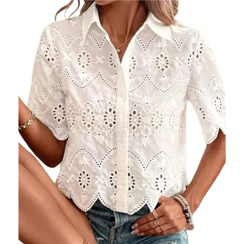 

ABRT-Women Short Sleeve Button Down Collared Blouses Embroidery Eyelet Top