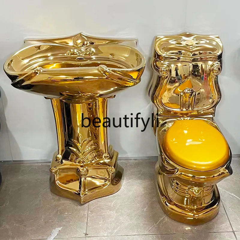

European golden toilet retro hotel color gold toilet split creative wall row gold-plated toilet column basin