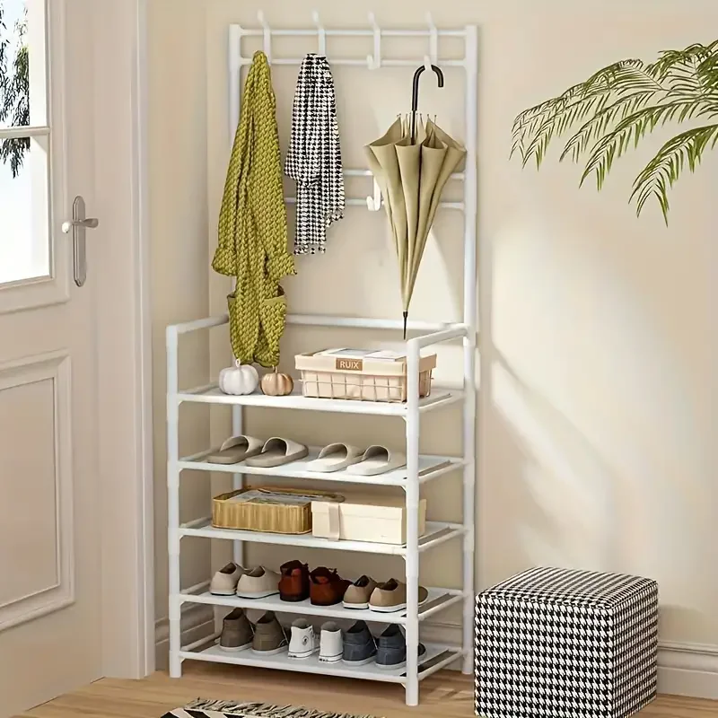 5Layer Entry Coat Rack - Multi-Functional Metal Storage Rack with Storage 8 Double Hooks Ideal for Living Room Bathroom