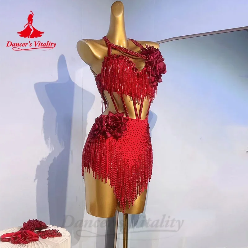 Personalizado strass franja dance dress para adultos e crianças, vestidos de competição, competição, latim, tango, chacha, samba