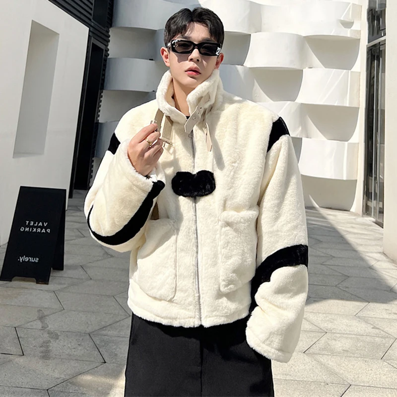 LUZHEN 2024 New Trendy Elegant Color Contrast Splicing Design Lamb Wool Warm Jacket Men's High Street Korean Fashion Coat LZ7255