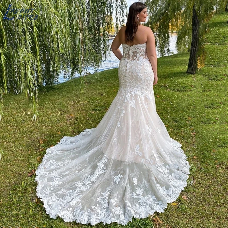 Layout niceb strapless apliques plus size sereia vestidos de casamento renda tule tribunal trem vestidos de noiva vestido de festa luxo Appliques sem alças Mais Vestidos de Noiva Sereia Tamanho Sereia Corte Tulle Vesti