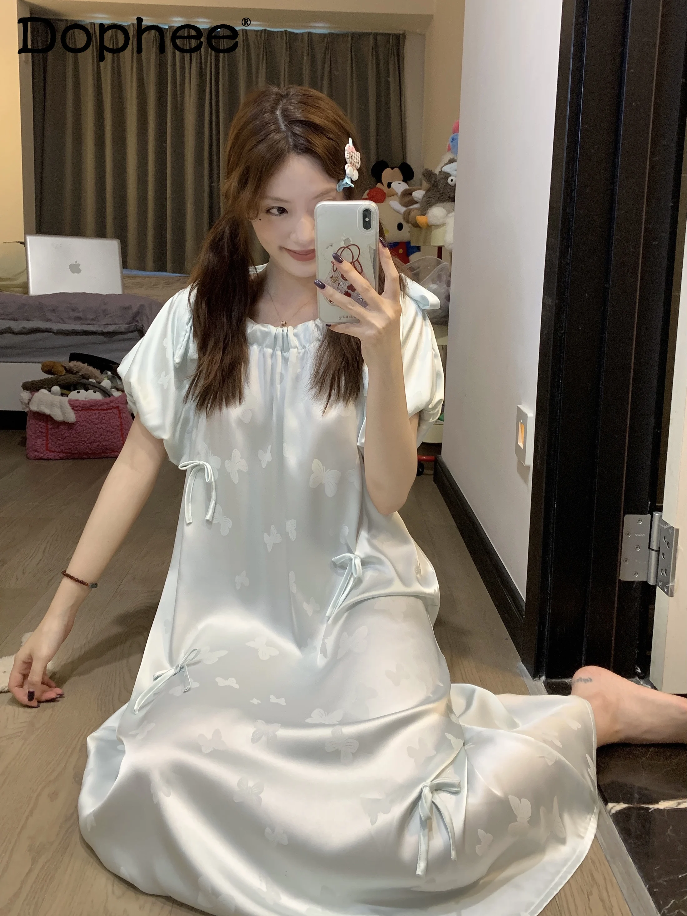 

Japanese Ins Blue Satin Princess Style Summer Short-sleeved Nightdress Women's 2025 New Ice Silk Cool Comfortable Loungewear