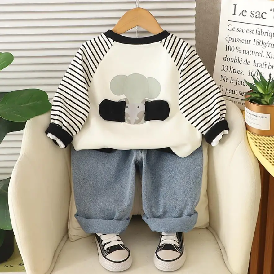 Ropa de otoño para bebés, conjuntos para niños pequeños, jersey con estampado de elefante a rayas, sudaderas con capucha y pantalones vaqueros, trajes de dos piezas para niños
