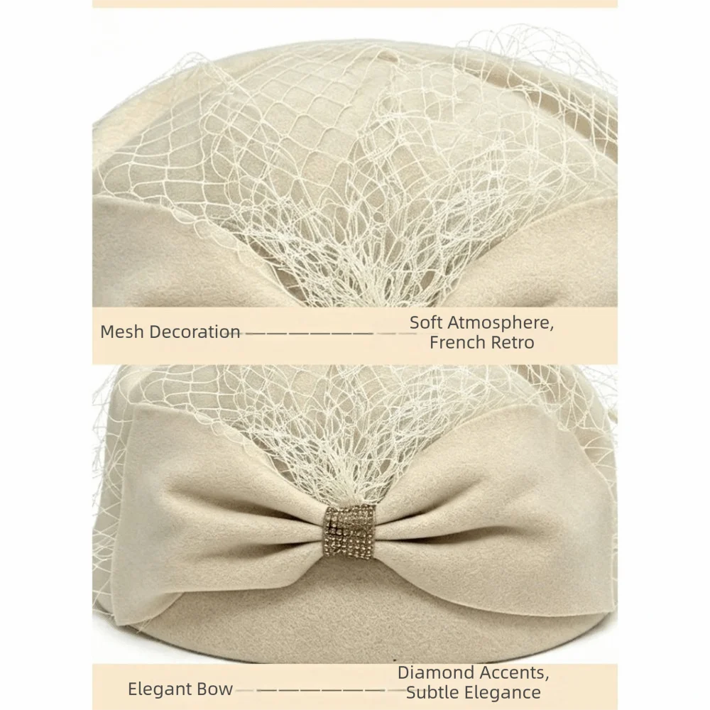 Fashion French Style Bow Fedora Hat Elegant Fedoras Mesh Topper Hat Air Hostess Rhinestone Medicine Box Hat Ball