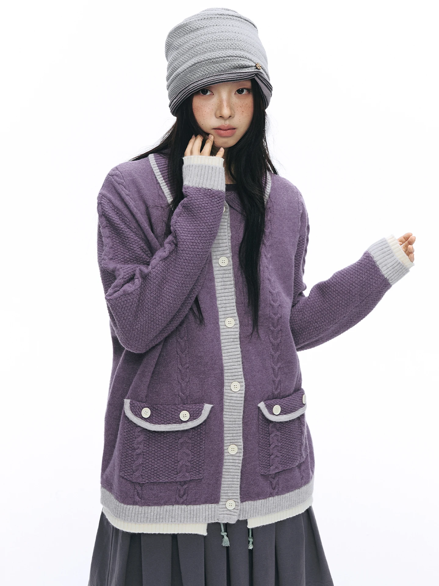NAPSNAPS Original Color Block Fake Two-Piece Knit Sweater Women's Autumn Winter Vintage Preppy Style Collared Open Cardigan