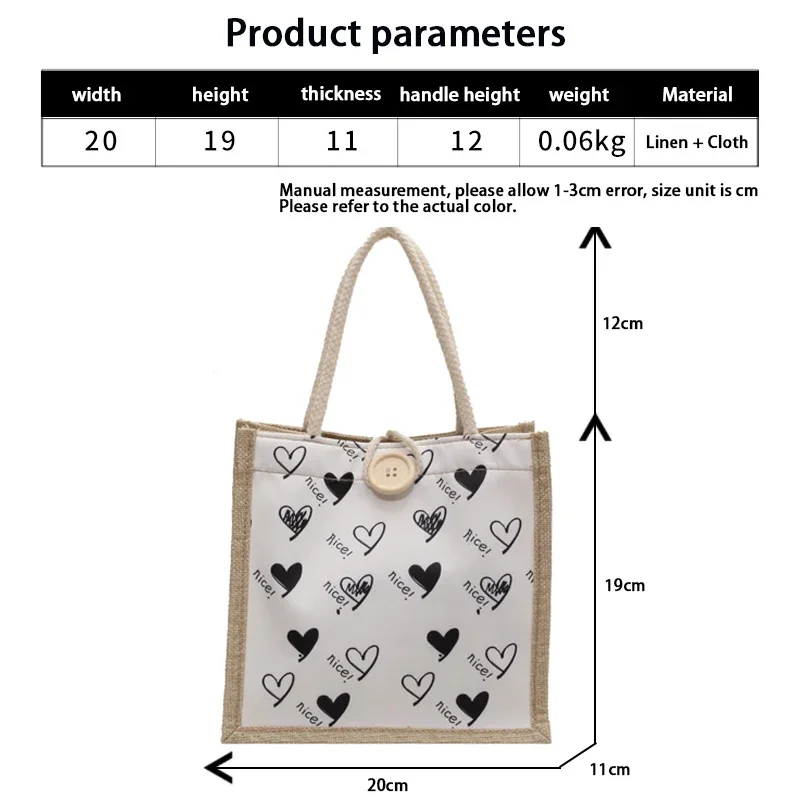 Cute Love Linen Button Zipper Handbag Women Tote Large Capacity Grocery Bag Gift Bag Beach Organizer Portable Shopping Lunch Bag